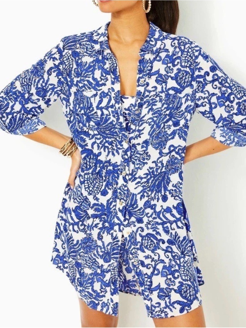 Lilly Pulitzer Natalie Shirtdress Swim Cover-Up Deeper Coconut Large